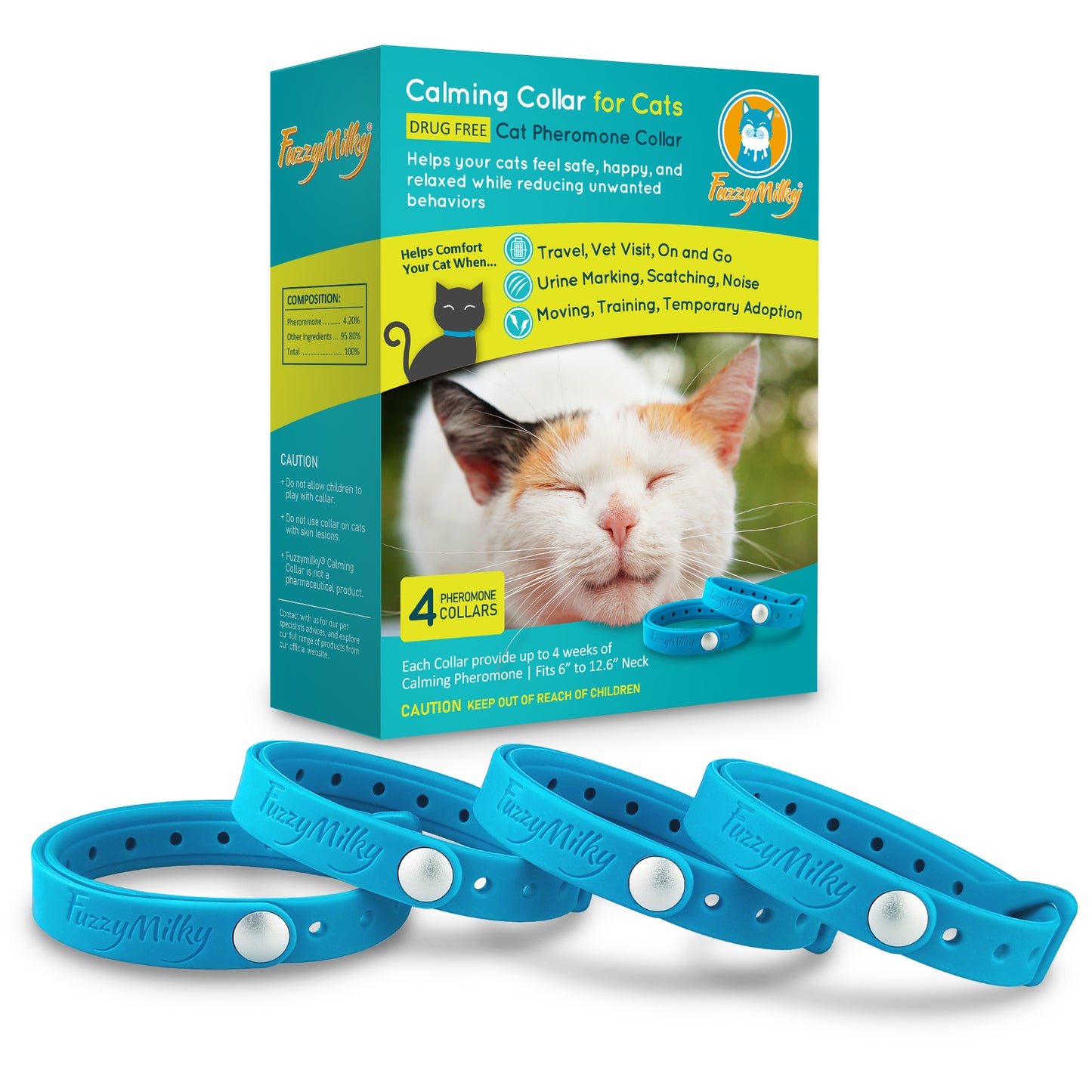 Fuzzymilky Cat Calming Collars (Blue) - 4 Packs Pheromone Calming Collar for Cats